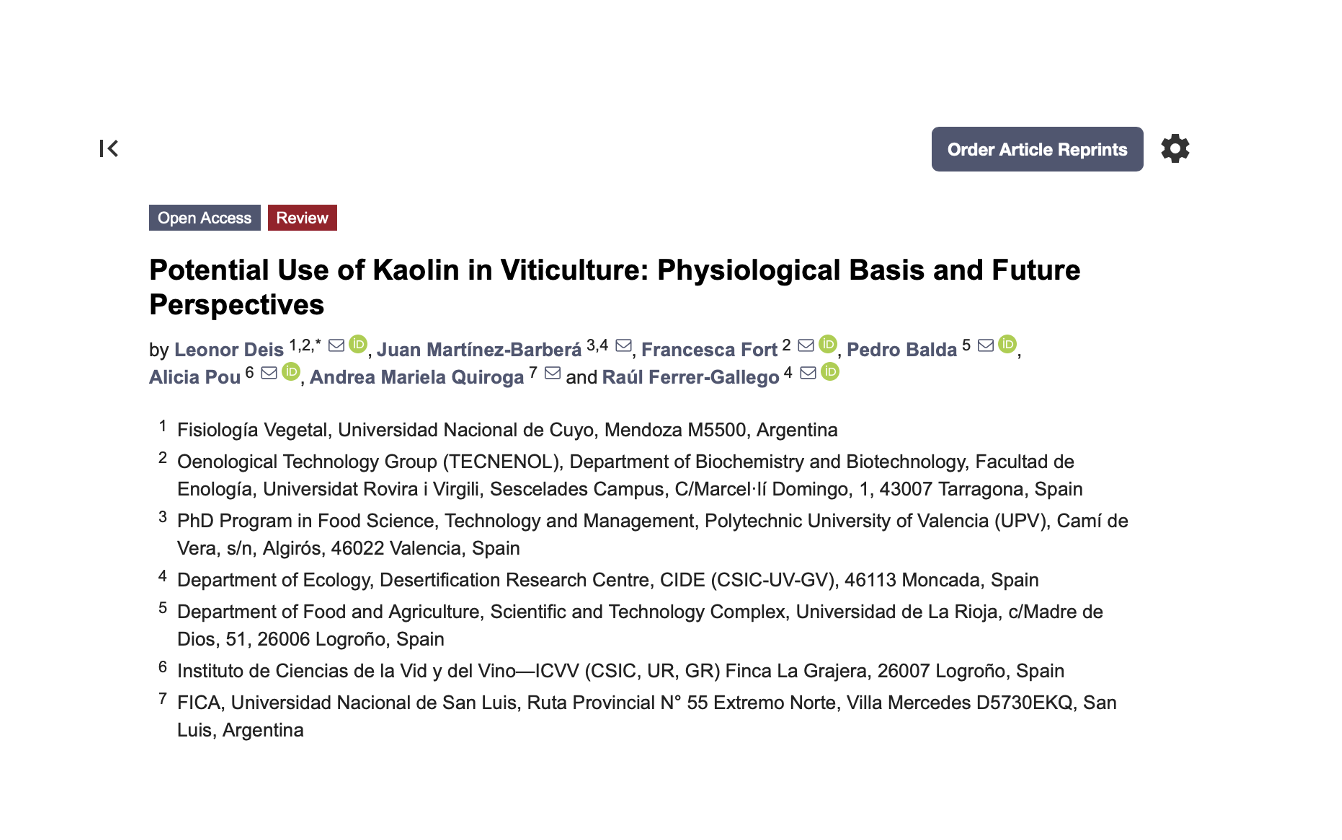 Captura del artículo científico 'Potential Use of Kaolin in Viticulture: Physiological Basis and Future Perspectives', con el título y los autores, incluido Juan Martínez-Barberá de INGROIN.